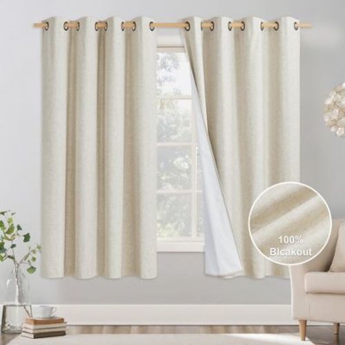 NICETOWN Blackout Noise Reducing Curtains, Linen Texture Grommet Window Treatments with Thermal Insulated Liner, 52W x 63L, Light Beige