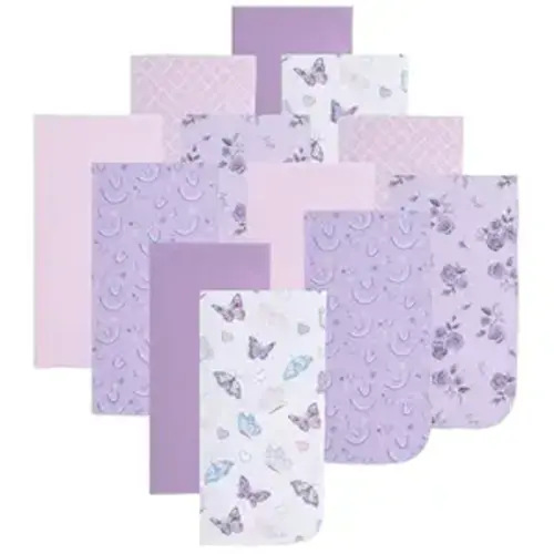 EVERYDAY KIDS 12 Pack Burp Cloths for Baby Girl; Newborn Essential with - Large Absorbent Cotton Flannel Purple/Pink Burping Cloths for Babies with Butterfly, Floral and Rainbow Prints and Solids