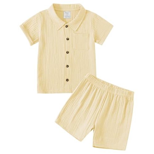 Jimonda Baby Boys Cotton Gauze Shirt/Shorts Sets Toddler Clothes Outfit 2PC | Breathable Skin-friendly Fabric,Summer Short Sleeve,Durable Button,Lapel Collar,Chest Pocket,Size 12M-6Y,Outdoor Daily Wear
