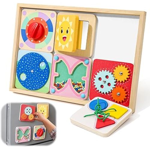 Ancaixin 6-in-1 Montessori Busy Board for 1 Year Old, Magnetic Sensory Toys for Toddler, Wooden Activity Busy Board for 12+ Months Baby, Fine Motor Skills Toys for Boys & Girls, Birthday Gifts 1 2 3