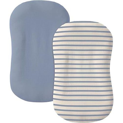 guruixu Muslin Baby Lounger Cover 2 Pack, 100% Cotton Soft & Breathable Infant Replacement Slipcover, Compatible with Snuggle Me Newborn Lounger (Tradewinds,Blue Stripe)