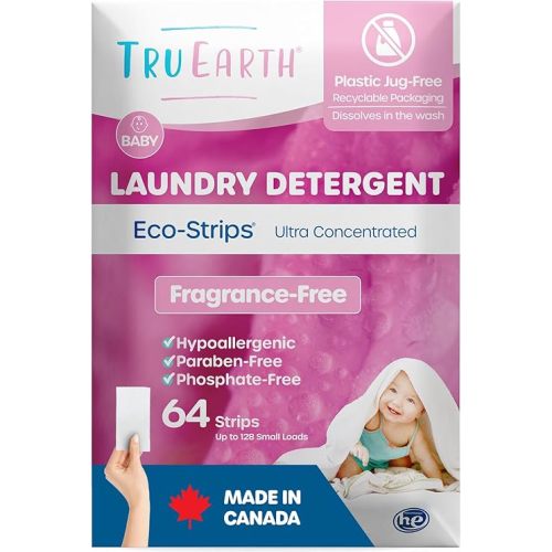 Tru Earth Hypoallergenic Baby Laundry Detergent Sheets/Strips for Sensitive Skin, 64 Count, Up to 128 Loads: Fragrance Free Baby Detergent Laundry Newborn, Children