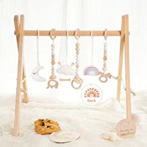 Baby Play Gym Wooden Baby Gym with 6 Toys Foldable Play Gym Frame Activity Gym Hanging Bar Baby Toy White - Wood Baby Gym