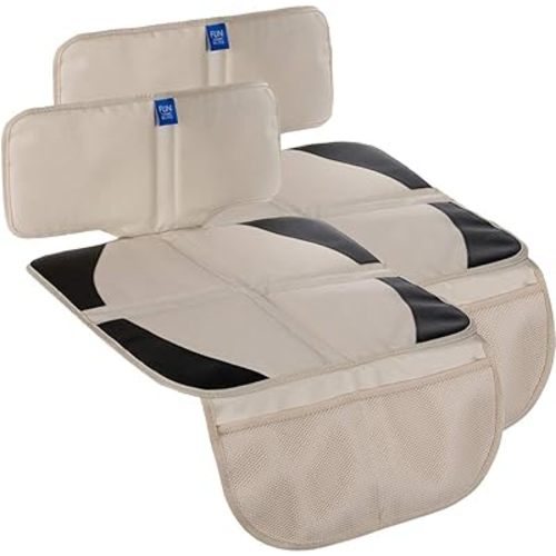 funbliss car seat Protector for Child car seat Beige Thick Padding Carseat Kick Mat with Organizer Pockets,Waterproof 600D Fabric,Vehicle Dog Cover Pad for SUV Sedan Leather Seats（2 Pack）