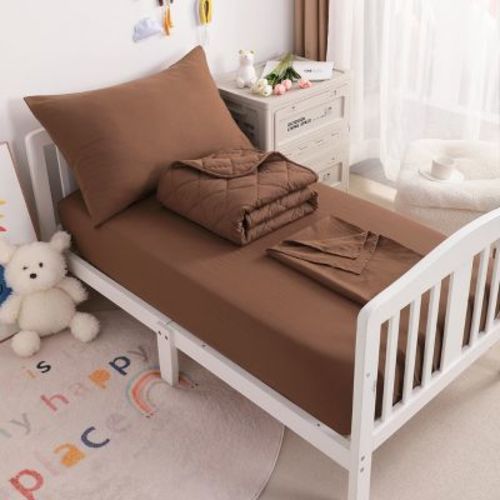 4 Piece Toddler Bedding Set, Soft Crib Bedding Set, Includes Quilted Comforter, Fitted Sheet, Flat Sheet and Pillowcase, Coffee - NTBAY