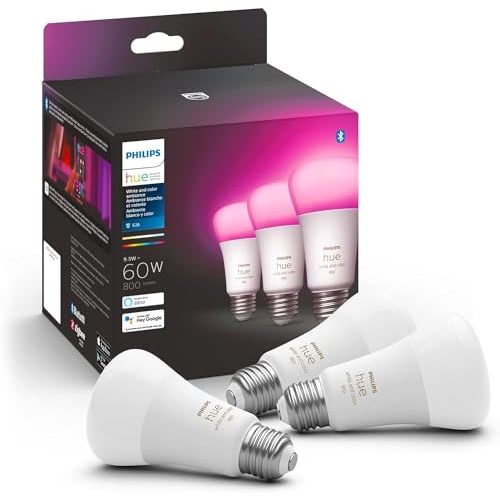 Philips Hue A19 LED Smart Light Bulb - White and Color Ambiance - 60W Indoor Light Bulb - Control with Hue App - Works with Alexa, Google Assistant and Apple Homekit - 3 Pack