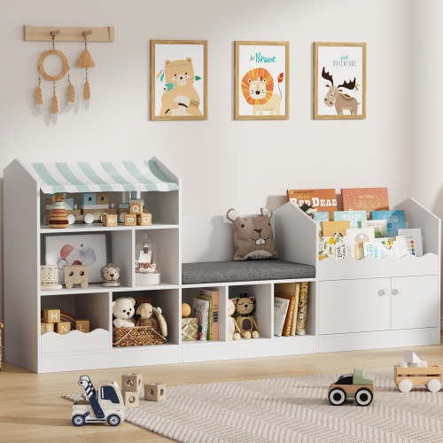 Toys Storage Organizer, Kids' Bookcase with Seating, Multifunctional Bookshelf with Storage for Kids Rooms, Children's Cabinet for Living Room Bedroom, Class Room