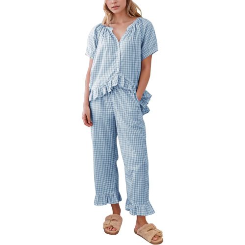 Flygo Womens Plaid 2 Piece Pajamas Sets Gingham Button Down Puff Sleeve Babydoll Shirt Ruffle Pants Y2K Pjs Lounge Set