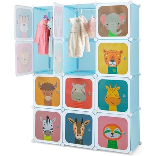 HONEY JOY Kids Wardrobe Closet, Baby Cartoon Clothes Storage Organizer, 12 Cubes & 2 Hanging Sections, Portable Children DIY Modular Bedroom Armoire Dresser Cabinet for Boys Girls (Blue)
