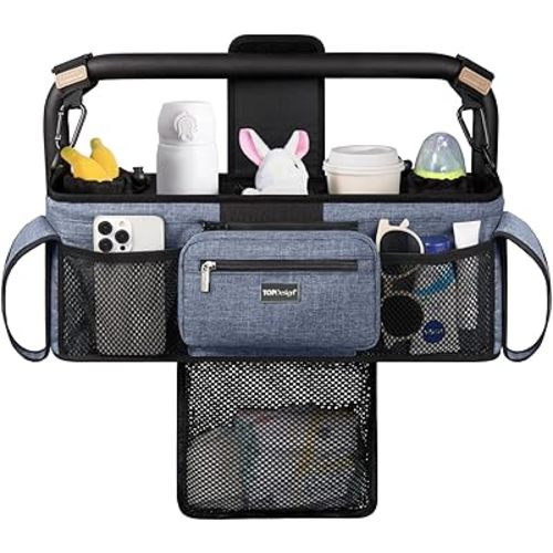 TOPDesign Universal Baby Stroller Organizer, Double Stroller Caddy with Detachable Mesh Bag & Heightened Insulated Cup Holders & Non-Slip Secure Hooks Accessories, Fits Most Strollers (Blue)