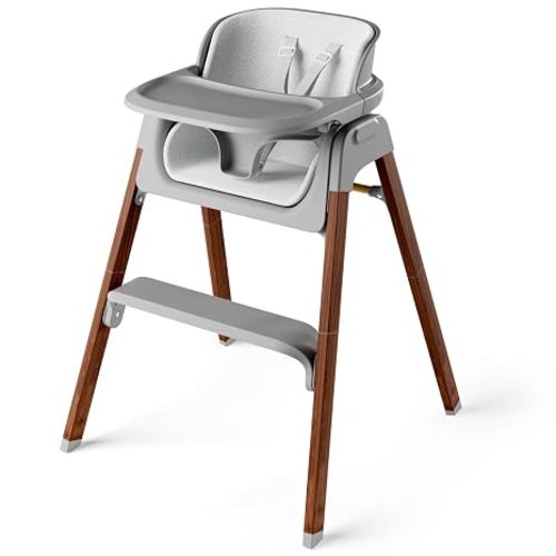 Fodoss Baby High Chair, Foldable Convertible, 5-Point Harness, Easy Clean Wood-Printed Metal Frame with Removable Tray, for Family (Gray & Walnut Wood-Printed Metal)