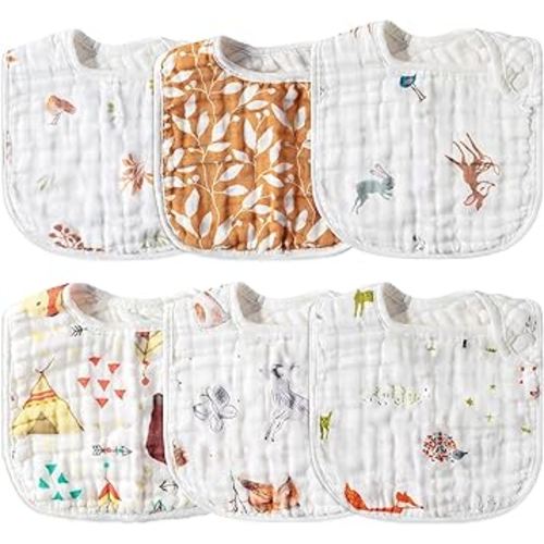 Zainpe 6Pcs Snap Muslin Cotton Baby Bibs Owl Fox Leaf Bear Bib with 6 Absorbent & Soft Layers Machine Washable Adjustable Burp Cloth for Infant Girl Boy Toddler Drooling Eating Teething 0 to 24 Months