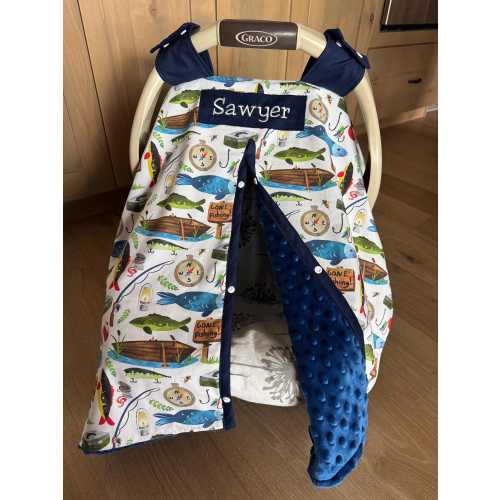 Cute Baby Car Seat Canopy Cover - Gone Fishing - All Cotton or Minky - Baby Boy - Shower Gift