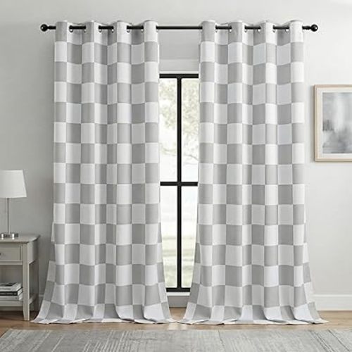100% Blackout Checkered Curtains – 2 Panels, Each W52×L84, Thermal Insulated, Nosie Reducing for Bedroom, Modern Light Grey and White Checkerboard Design, Gray Checkered