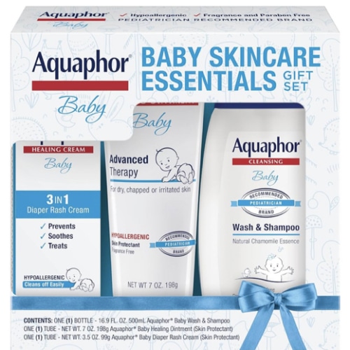 Aquaphor Baby Skin Care Essentials Gift Set with Baby Wash and Shampoo (16.9 Fl Oz) + Healing Ointment for Chapped Skin and Drool Rash (7Oz) + Diaper Rash Cream (3.5Oz), Hypoallergenic