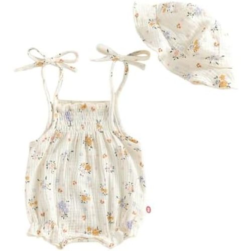 Ayalinggo Newborn Baby Girl Clothes Bubble Romper Cute Spaghetti Strap Floral Overalls Summer Toddler Outfit With Sun Hat