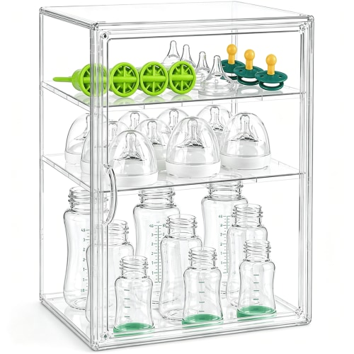 XIBUFE Baby Bottle Organizer,3-Tier Clear Bottle Station Organizer for Countertop Cabinet,Acrylic Storage Container with Magnetic Door for Bottles,Pacifiers,Pump Parts