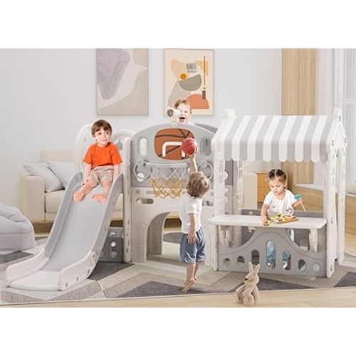 Glaf Toddler Slide with Playhouse Indoor Slide for Toddlers 1-3 Kids Playground Set for Backyards, Basketball Hoop, Ring Toss and Telescope Outdoor Playset (Gray)