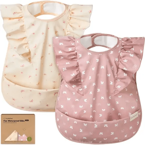 KeaBabies Waterproof Bibs for Baby Girl,Boy – 2-Pack Lightweight, Large Baby Bibs for Eating, Wearable Food Catcher, 6-12 Months Infant Feeding Essentials, Smock for Toddlers 1-3, Kids (Butterflies)