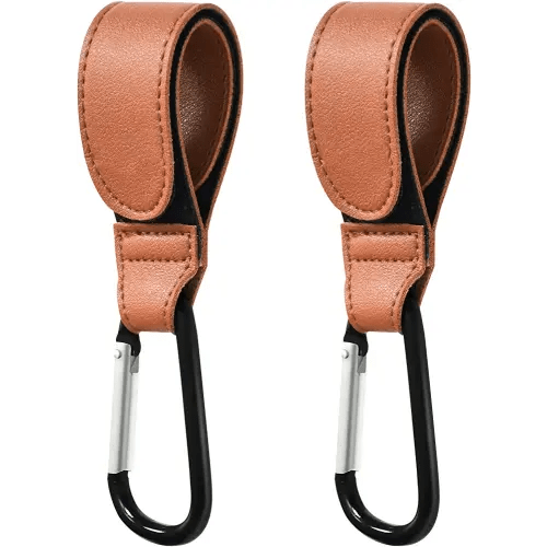 Stroller Hooks for Hanging, 2 PCS Durable Leather Style Stroller Clip Straps, Baby Stroller Hooks for Diaper Bags Grocery Shopping Bags, Mommy Hook for Stroller (Brown)