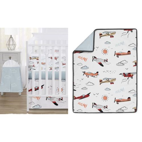 Sweet Jojo Designs Boy Crib Bedding + BreathableBaby Breathable Mesh Liner Baby Nursery Airplane Red Blue and White 6pc