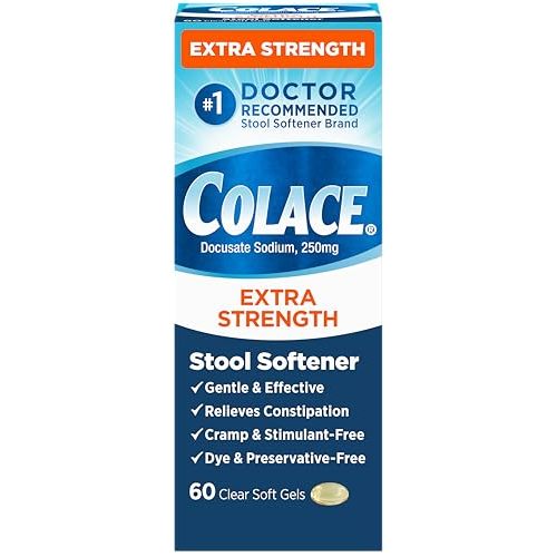 Colace Extra Strength Stool Softener, 60 Count, Gentle Constipation Relief for Adults, 250 mg Docusate Capsules, #1 Doctor Recommended Stool Softener Brand