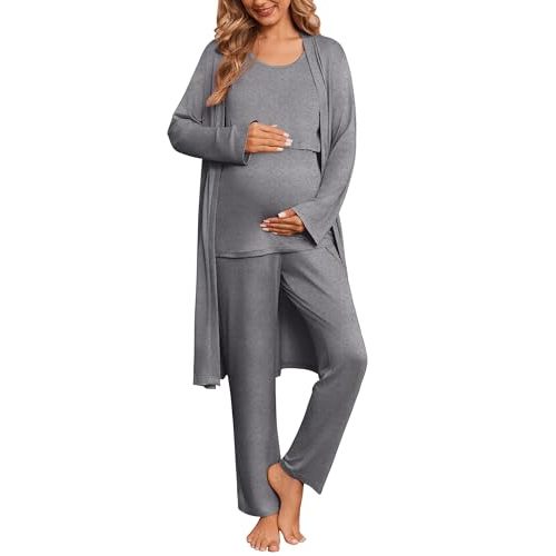 Ekouaer Maternity Sets 3 Pieces Labor and Delivery Gown Postpartum Essentials Nursing Pajamas Breastfeeding