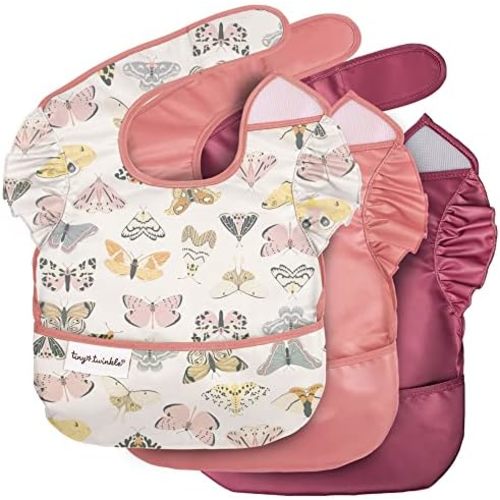 Tiny Twinkle Mess-Proof Baby Bibs for Eating | Waterproof, Wipeable Toddler Bibs with Catch-All Pocket | Feeding Bibs for Girls & Boys(3 Pack,Flutter Set)
