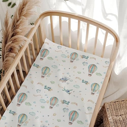 Watercolor Plane Hot Air Balloon Baby Crib Sheets for Boy Girl 28"x52" Cartoon Airplanes Cloud Stars Baby Sheet for Standard Crib and Toddler Bed Mattress Nursery Bed Mattress Sheets Plane One Size