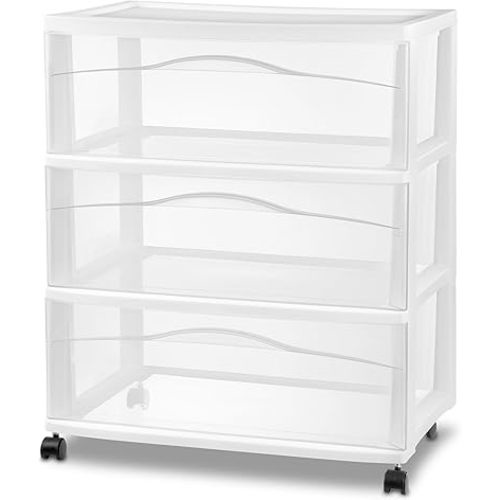 Sterilite Wide 3-Drawer Cart, Plastic Storage Organizer Drawers with Wheels, White - Rolling Multipurpose Bins for Dresser, Closet, Cabinet, Bedroom, Bathroom, and Office Organization