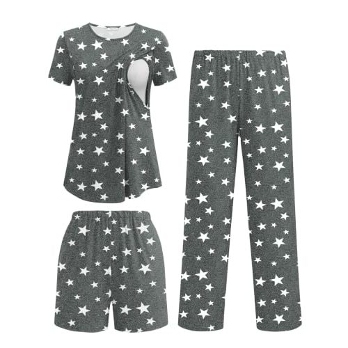 Ekouaer 3 Piece Maternity Pajamas Set Postpartum Nursing Short Sleeve Breastfeeding Sleepwear Pregnancy Shorts & Pants Pjs