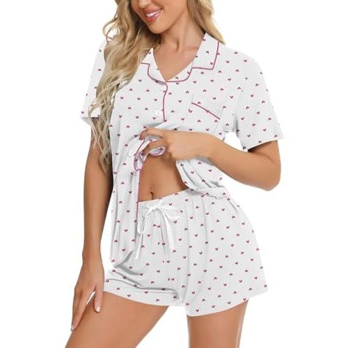 SWOMOG Womens Button Down Pajamas Set Short Sleeve Sleepwear Bride Soft Pj Lounge Sets XS-3XL