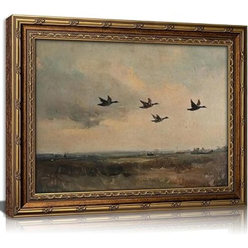 Vintage Gold Framed Flying Duck Wall Art Birds Landscape Painting Canvas Rustic Countryside Picture Wall Decor Vintage Farmhouse Animal Print Artwork For Bedroom Living Room Office