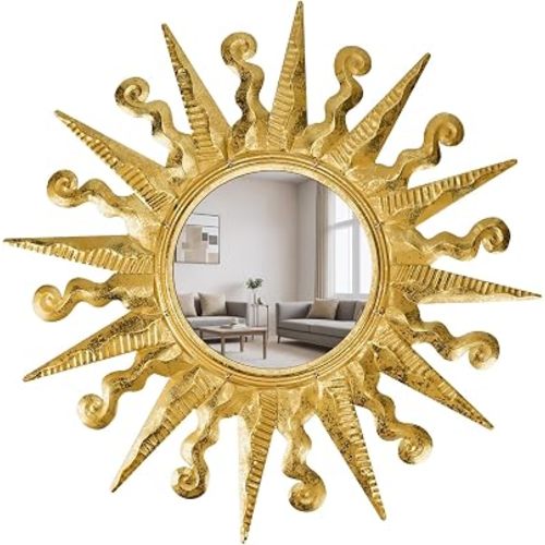 Golden Sun Wall Mirror Decorative 24 inch Metal Frame Mirror Sunburst Boho Mirror for Entryway Bedroom Living Room Bathroom House Warming Gifts New Home Essential