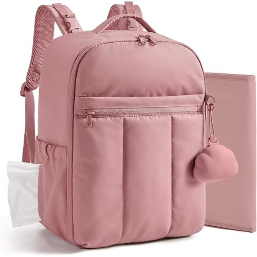 BAGSMART Diaper Backpack with Insulated Pockets & Changing Pad,Dark Pink