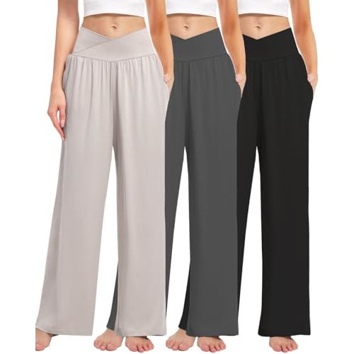 3 Pack Women's Wide Leg Pants Crossover with Pockets High Waist Loose Sweatpants Casual Lounge Yoga Workout Palazzo