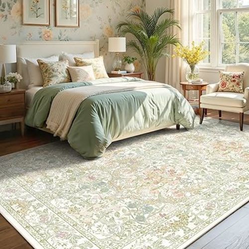 Sage Green Boho Area Rugs for Bedroom Aesthetic 8x10 - Washable Floral Farmhouse Large Rug for Living Room, Dining Room Under Table, Nursery - Soft Cottage Core Carpet with Low Pile & Non Slip