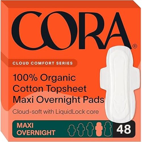 Cora 100% Organic Cotton Topsheet Pads Maxi Overnight Pads (48 Count)