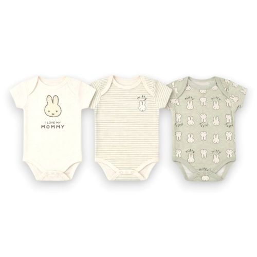 Miffy Baby Girls' 3-Pack Short Sleeve Soft Cotton Blend Bodysuit Set, Cream/Sage Mommy, 3 Months