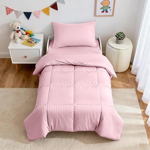 ZPECC Toddler Bedding Set - 4 Piece Hypoallergenic Baby Crib Bedding Set for Boys and Girls, Includes Toddler Comforter, Flat Sheet, Fitted Sheet and Pillowcase, Pink Stripe