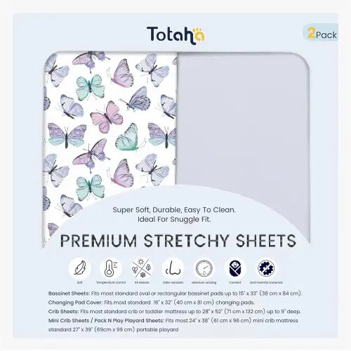 TotAha Premium Soft Bassinet Sheet for Girl, Super Stretchy Jersey Knit Bassinet Fitted Sheet, Compatible with Halo, Maxi COSI, Mika Micky, SNOO, Baby Delight Mattress2-Pack, Purple Butterfly