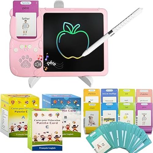 French&English Talking Flash Cards for Toddlers - LCD Writing Tablet Kids - Drawing Tablet Toddler Toys 510 Sight Words for Ages 3 4 5 6 - Autism & Speech Therapy Toys - Kindergarten Gifts (Pink)