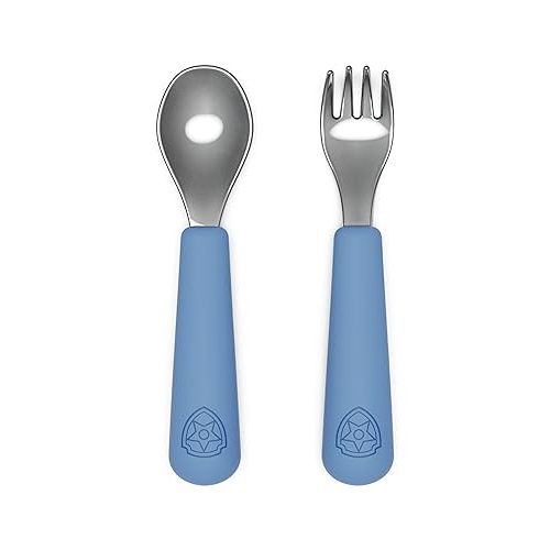 Lalo PAW Patrol Utensils - Toddler Fork and Spoon Set - Stainless Steel and Silicone Ergonomic Toddler Utensils - Children Safe Flatware Set - 2 Pieces - Chase