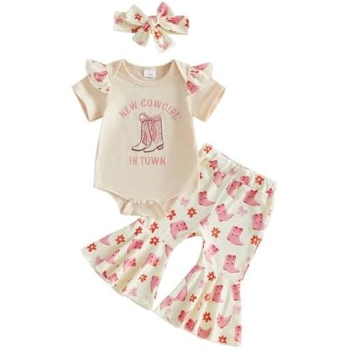 Lamuusaa Western Baby Girl Clothes Short Sleeve Cowgirl Romper Onesie Boots Flared Pants Headband 3Pcs Summer Outfit 0-18M