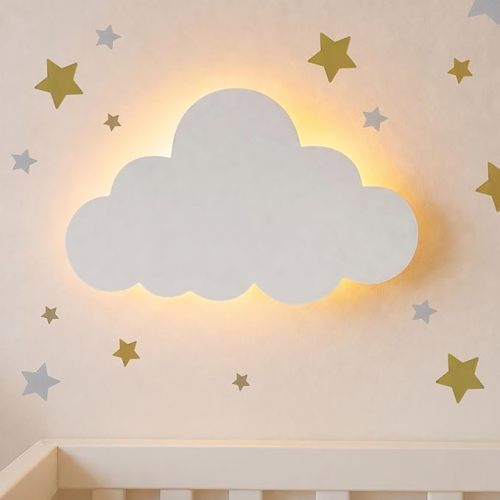 KALEOLI Cloud Night Light for Nursery - Dimmable & Rechargeable Kids Wall Lamp for Bedtime Routines - Crib & Baby Room Decor Nigth Light - 68Pcs Star Wall Decals Included