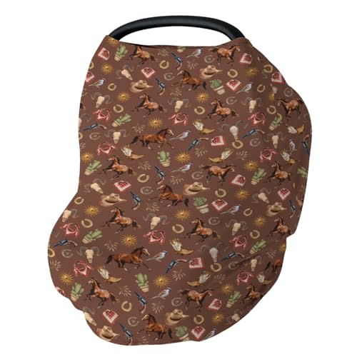 Western Cowboy Car Seat Cover for Babies Vintage Horse Cowboy Boots Hat Cactus Goat Skull Sun Stretchy 5-in-1 Cover Adjustable Infant Carseat Canopy Cover Wild West Breathable Nursing Cover-Up
