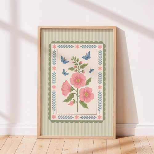 Cottagecore Nursery Art Print, Scandinavian Floral Butterfly Decor (Digital Download Available)