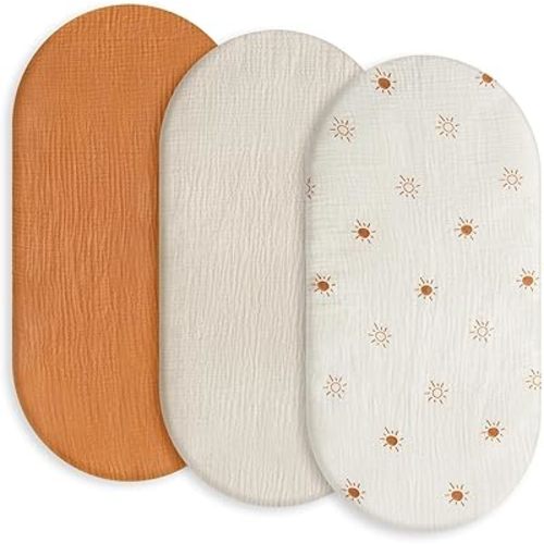 Muslin Bassinet Fitted Sheets, 3 Pack for Baby Boy and Girl, Soft Breathable Stretchy Baby Pad/Mattress Sheet Set, Universal Fit for Hourglass Oval and Rectangle Bassinet Mattress (Orange)