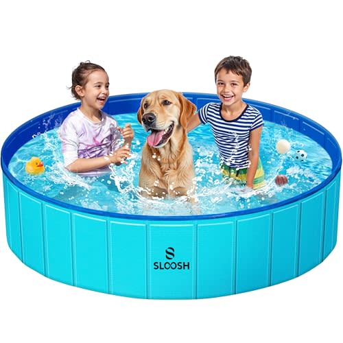 SLOOSH Foldable Dog Kiddie Pool - Portable Hard Plastic Doggie Swimming Pool, Anti-Slip Collapsible Pets Bath Tub Suitable for Kids Toddler Indoor Outdoor Backyard Use (Blue, 63" x 12")