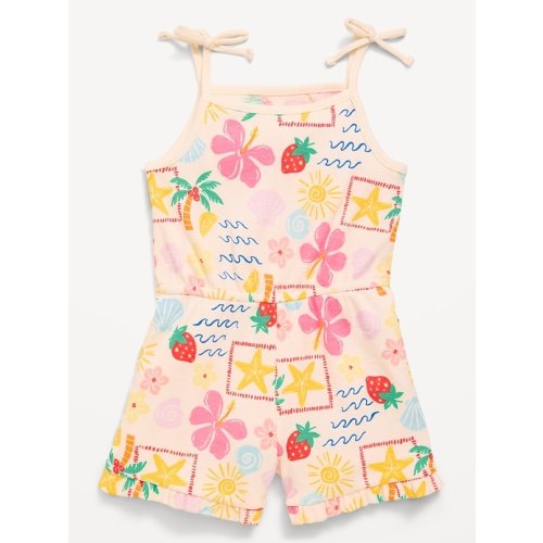 Printed Sleeveless Ribbed Tie-Bow Romper for Toddler Girls